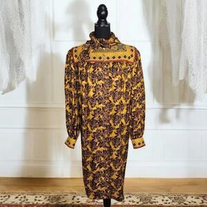 Vintage Adele Simpson 100% SILK Button UP Party Dress V Line Size 10 Long Sleeve